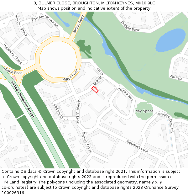 8, BULMER CLOSE, BROUGHTON, MILTON KEYNES, MK10 9LG: Location map and indicative extent of plot