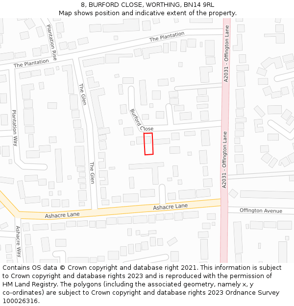 8, BURFORD CLOSE, WORTHING, BN14 9RL: Location map and indicative extent of plot