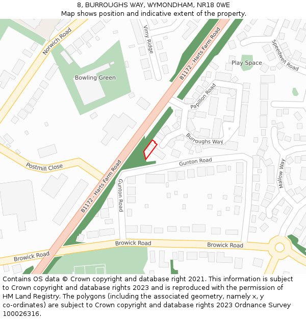 8, BURROUGHS WAY, WYMONDHAM, NR18 0WE: Location map and indicative extent of plot