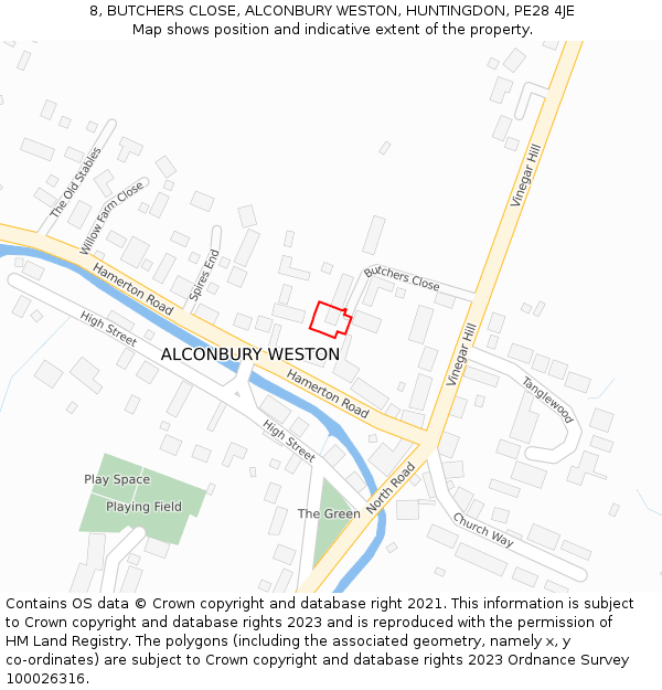 8, BUTCHERS CLOSE, ALCONBURY WESTON, HUNTINGDON, PE28 4JE: Location map and indicative extent of plot