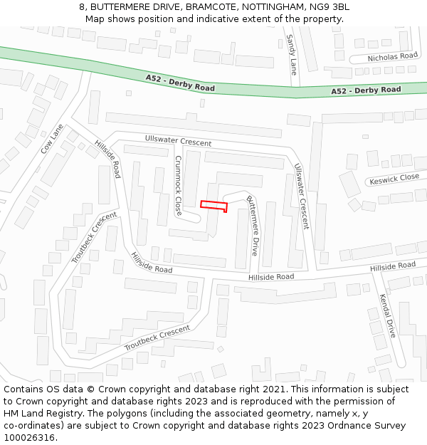 8, BUTTERMERE DRIVE, BRAMCOTE, NOTTINGHAM, NG9 3BL: Location map and indicative extent of plot
