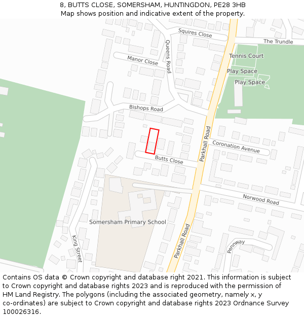 8, BUTTS CLOSE, SOMERSHAM, HUNTINGDON, PE28 3HB: Location map and indicative extent of plot