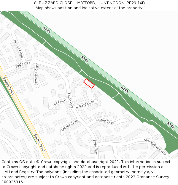 8, BUZZARD CLOSE, HARTFORD, HUNTINGDON, PE29 1XB: Location map and indicative extent of plot