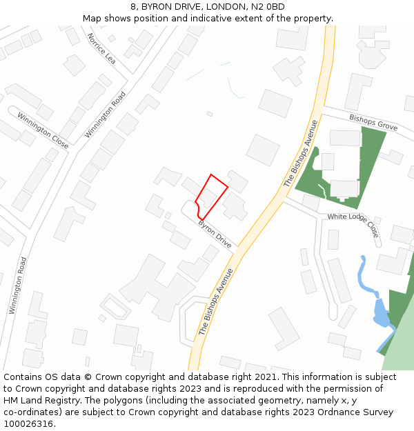 8, BYRON DRIVE, LONDON, N2 0BD: Location map and indicative extent of plot