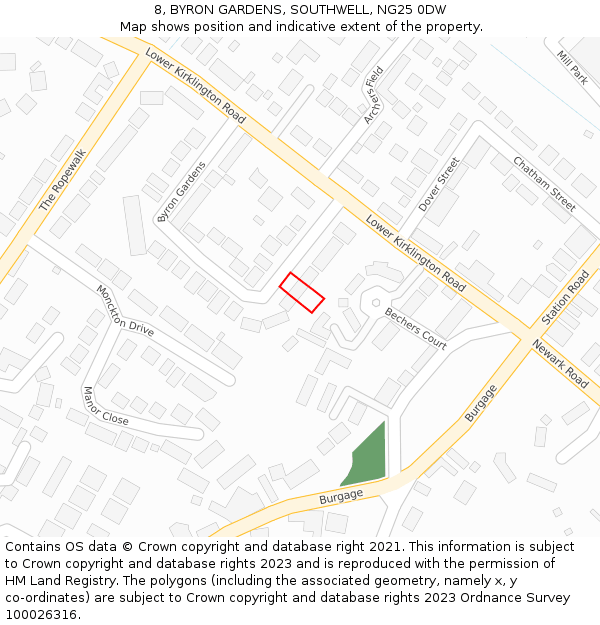 8, BYRON GARDENS, SOUTHWELL, NG25 0DW: Location map and indicative extent of plot