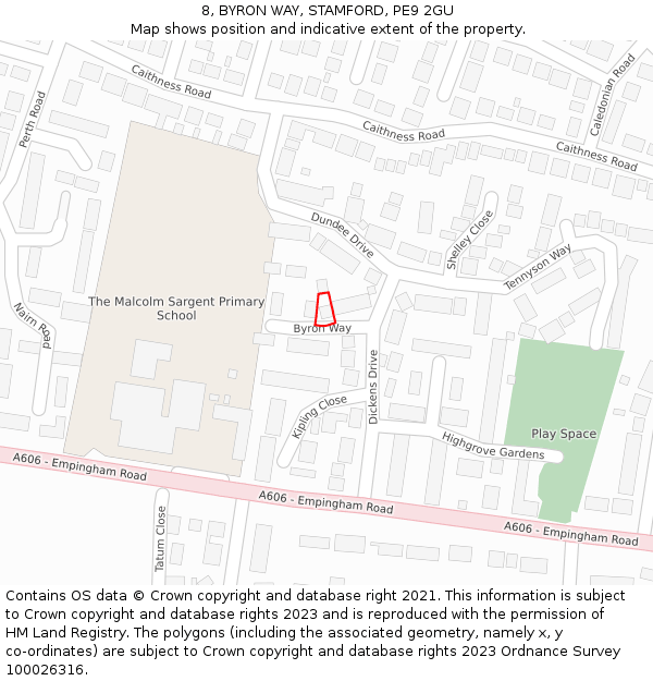 8, BYRON WAY, STAMFORD, PE9 2GU: Location map and indicative extent of plot