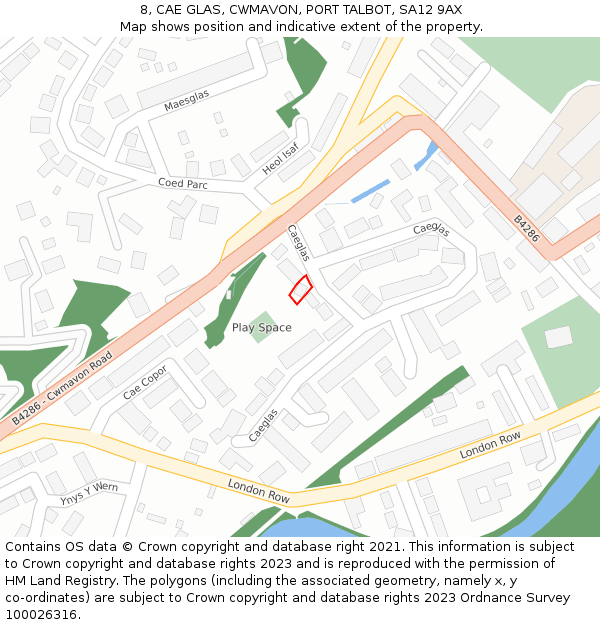 8, CAE GLAS, CWMAVON, PORT TALBOT, SA12 9AX: Location map and indicative extent of plot