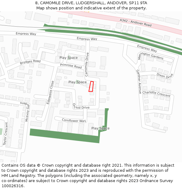 8, CAMOMILE DRIVE, LUDGERSHALL, ANDOVER, SP11 9TA: Location map and indicative extent of plot