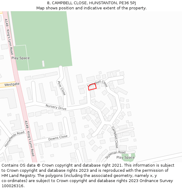 8, CAMPBELL CLOSE, HUNSTANTON, PE36 5PJ: Location map and indicative extent of plot