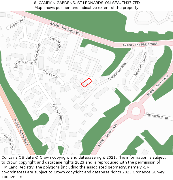 8, CAMPKIN GARDENS, ST LEONARDS-ON-SEA, TN37 7FD: Location map and indicative extent of plot