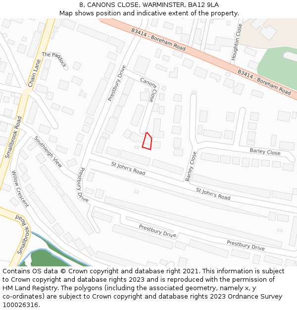 8, CANONS CLOSE, WARMINSTER, BA12 9LA: Location map and indicative extent of plot