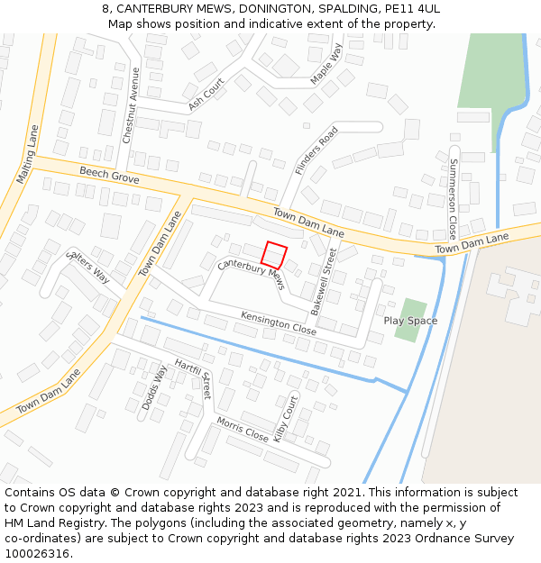 8, CANTERBURY MEWS, DONINGTON, SPALDING, PE11 4UL: Location map and indicative extent of plot