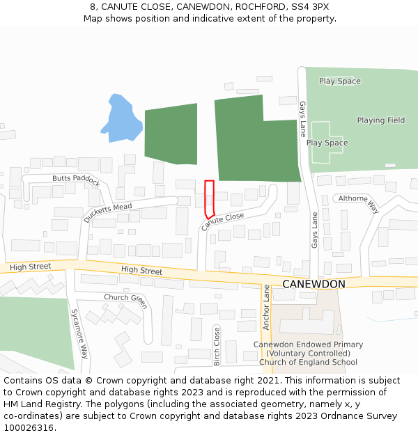 8, CANUTE CLOSE, CANEWDON, ROCHFORD, SS4 3PX: Location map and indicative extent of plot