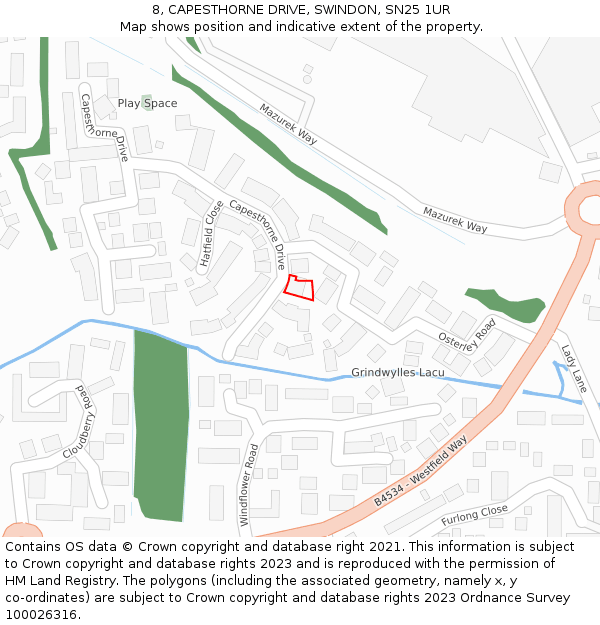 8, CAPESTHORNE DRIVE, SWINDON, SN25 1UR: Location map and indicative extent of plot