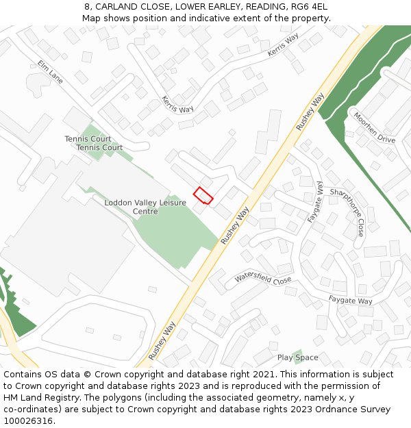 8, CARLAND CLOSE, LOWER EARLEY, READING, RG6 4EL: Location map and indicative extent of plot