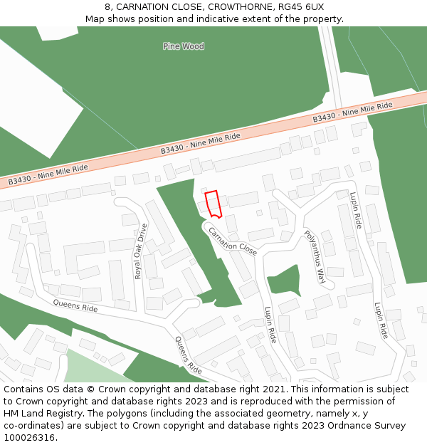 8, CARNATION CLOSE, CROWTHORNE, RG45 6UX: Location map and indicative extent of plot
