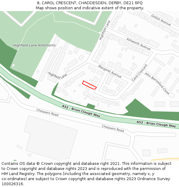 8, CAROL CRESCENT, CHADDESDEN, DERBY, DE21 6PQ: Location map and indicative extent of plot