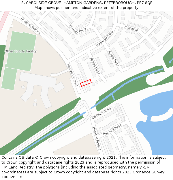8, CAROLSIDE GROVE, HAMPTON GARDENS, PETERBOROUGH, PE7 8QF: Location map and indicative extent of plot