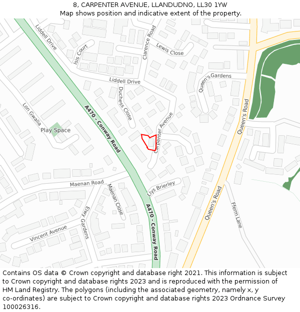 8, CARPENTER AVENUE, LLANDUDNO, LL30 1YW: Location map and indicative extent of plot