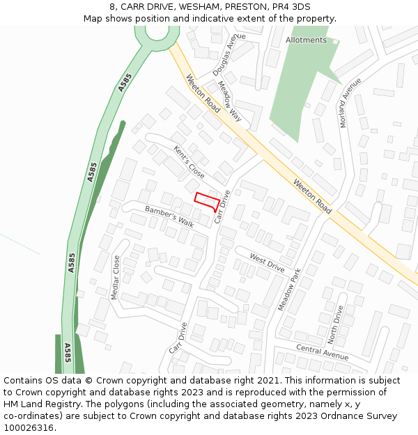 8, CARR DRIVE, WESHAM, PRESTON, PR4 3DS: Location map and indicative extent of plot