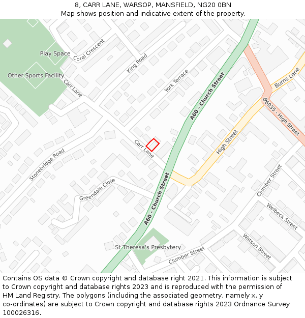 8, CARR LANE, WARSOP, MANSFIELD, NG20 0BN: Location map and indicative extent of plot