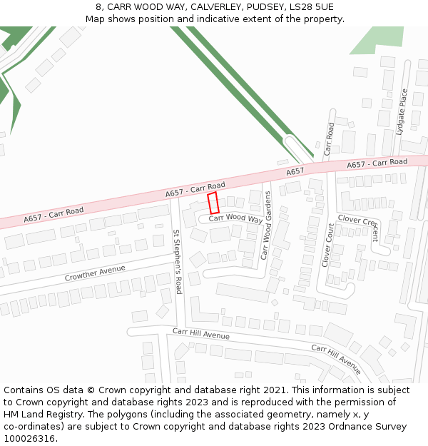 8, CARR WOOD WAY, CALVERLEY, PUDSEY, LS28 5UE: Location map and indicative extent of plot