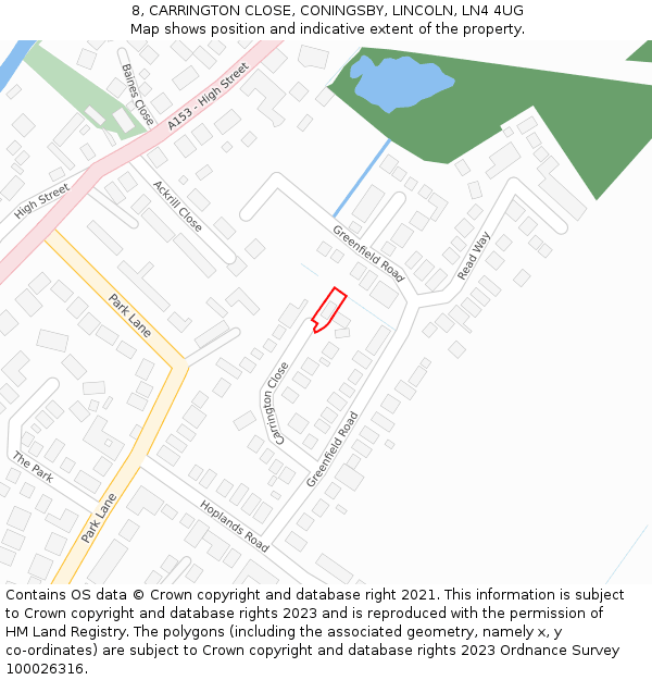 8, CARRINGTON CLOSE, CONINGSBY, LINCOLN, LN4 4UG: Location map and indicative extent of plot