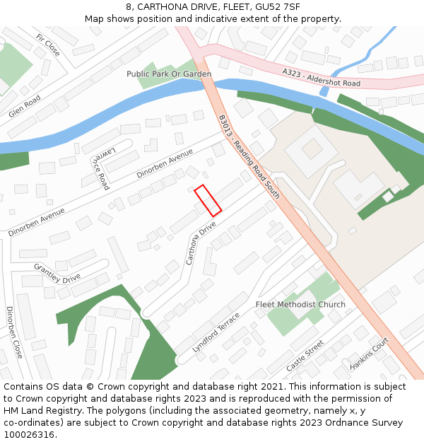 8, CARTHONA DRIVE, FLEET, GU52 7SF: Location map and indicative extent of plot