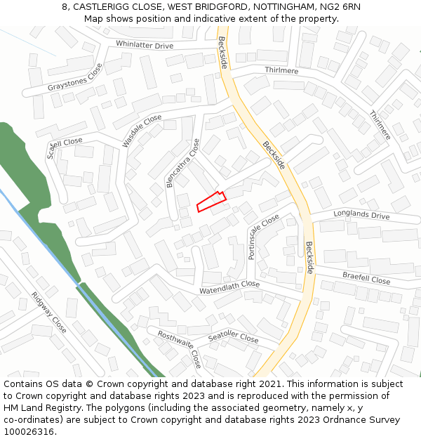 8, CASTLERIGG CLOSE, WEST BRIDGFORD, NOTTINGHAM, NG2 6RN: Location map and indicative extent of plot