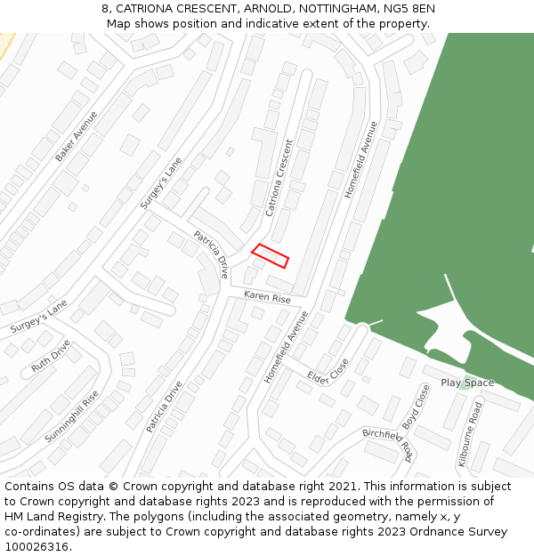 8, CATRIONA CRESCENT, ARNOLD, NOTTINGHAM, NG5 8EN: Location map and indicative extent of plot