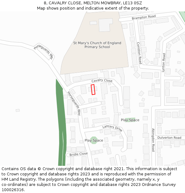 8, CAVALRY CLOSE, MELTON MOWBRAY, LE13 0SZ: Location map and indicative extent of plot