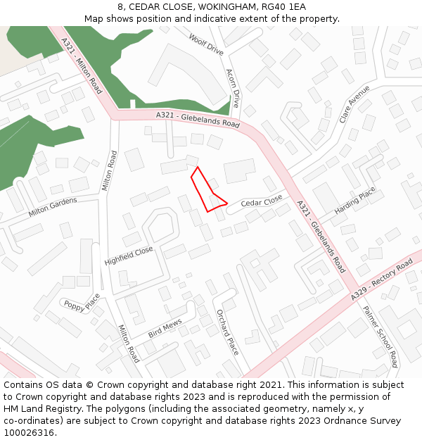 8, CEDAR CLOSE, WOKINGHAM, RG40 1EA: Location map and indicative extent of plot