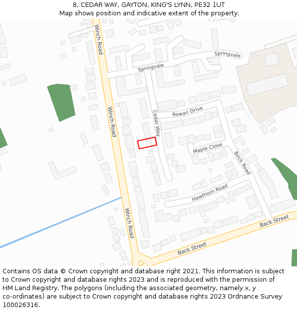 8, CEDAR WAY, GAYTON, KING'S LYNN, PE32 1UT: Location map and indicative extent of plot