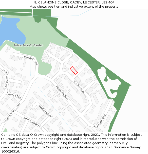 8, CELANDINE CLOSE, OADBY, LEICESTER, LE2 4QF: Location map and indicative extent of plot