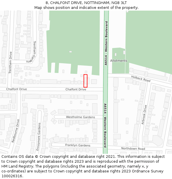 8, CHALFONT DRIVE, NOTTINGHAM, NG8 3LT: Location map and indicative extent of plot
