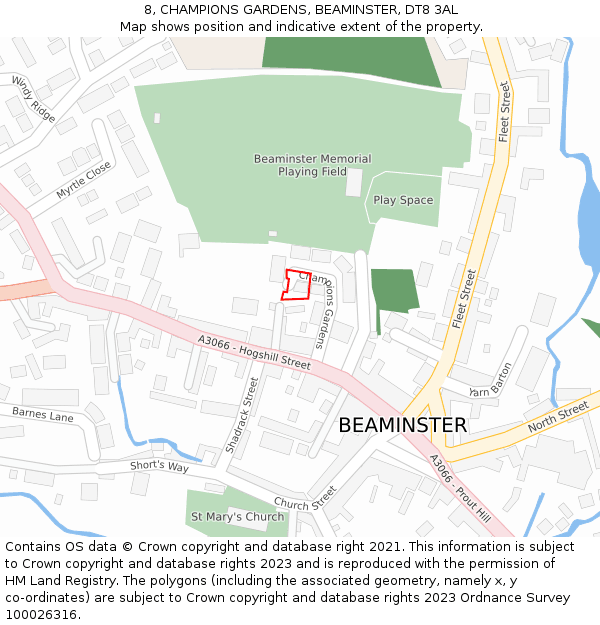 8, CHAMPIONS GARDENS, BEAMINSTER, DT8 3AL: Location map and indicative extent of plot