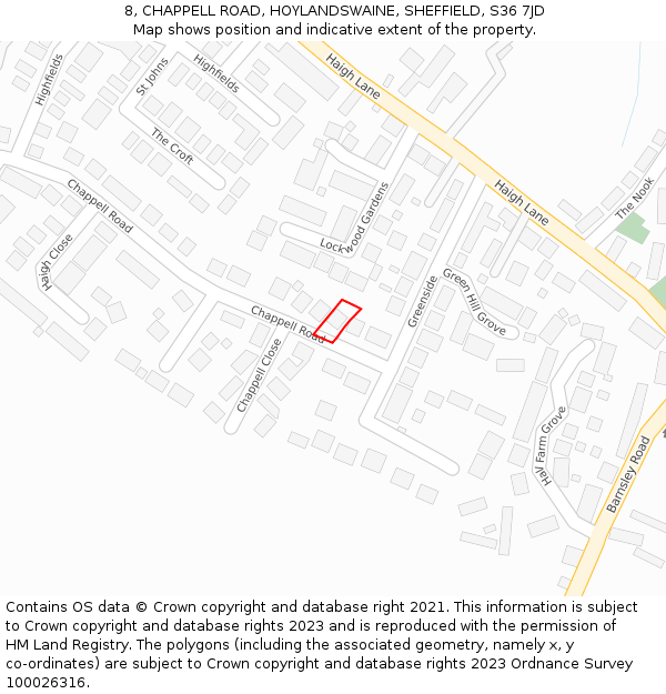 8, CHAPPELL ROAD, HOYLANDSWAINE, SHEFFIELD, S36 7JD: Location map and indicative extent of plot