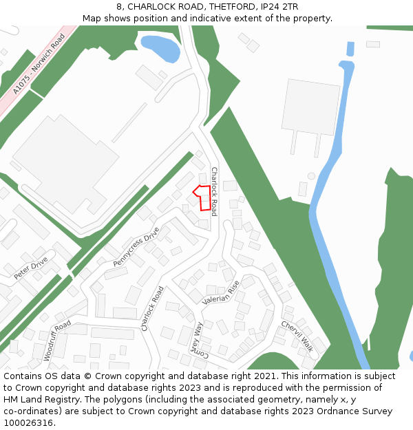 8, CHARLOCK ROAD, THETFORD, IP24 2TR: Location map and indicative extent of plot