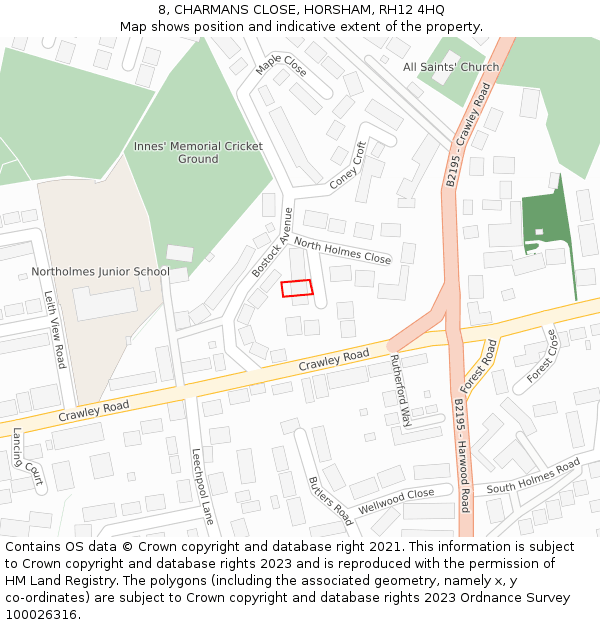 8, CHARMANS CLOSE, HORSHAM, RH12 4HQ: Location map and indicative extent of plot