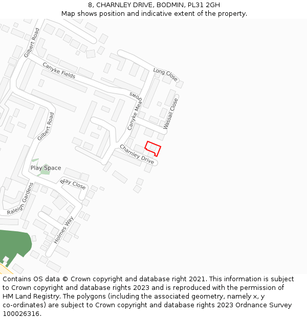 8, CHARNLEY DRIVE, BODMIN, PL31 2GH: Location map and indicative extent of plot
