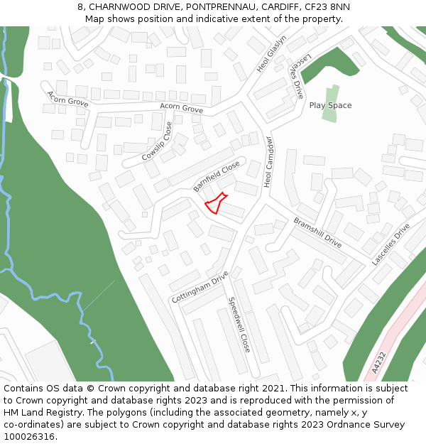 8, CHARNWOOD DRIVE, PONTPRENNAU, CARDIFF, CF23 8NN: Location map and indicative extent of plot
