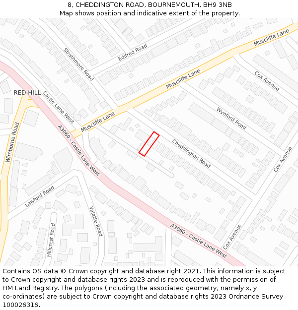 8, CHEDDINGTON ROAD, BOURNEMOUTH, BH9 3NB: Location map and indicative extent of plot