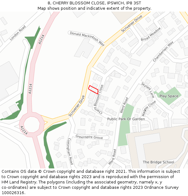 8, CHERRY BLOSSOM CLOSE, IPSWICH, IP8 3ST: Location map and indicative extent of plot