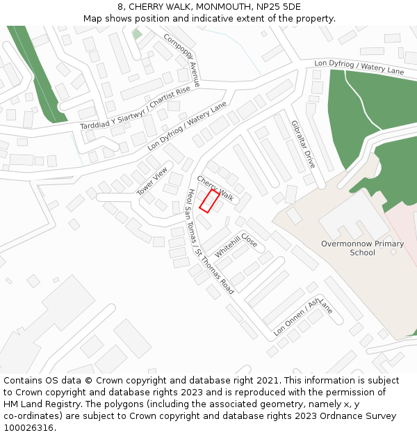 8, CHERRY WALK, MONMOUTH, NP25 5DE: Location map and indicative extent of plot