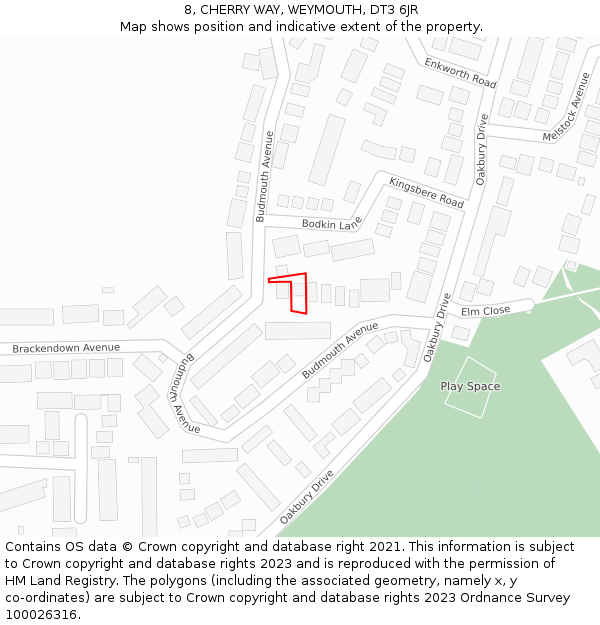 8, CHERRY WAY, WEYMOUTH, DT3 6JR: Location map and indicative extent of plot