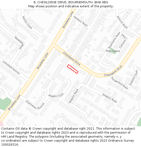 8, CHESILDENE DRIVE, BOURNEMOUTH, BH8 0BG: Location map and indicative extent of plot