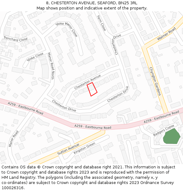 8, CHESTERTON AVENUE, SEAFORD, BN25 3RL: Location map and indicative extent of plot