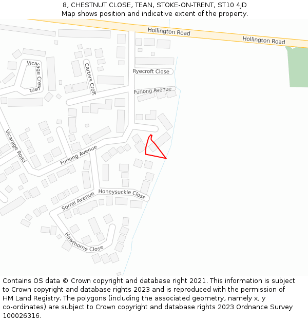 8, CHESTNUT CLOSE, TEAN, STOKE-ON-TRENT, ST10 4JD: Location map and indicative extent of plot