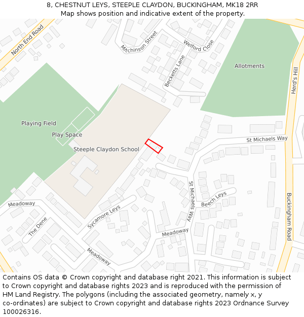 8, CHESTNUT LEYS, STEEPLE CLAYDON, BUCKINGHAM, MK18 2RR: Location map and indicative extent of plot