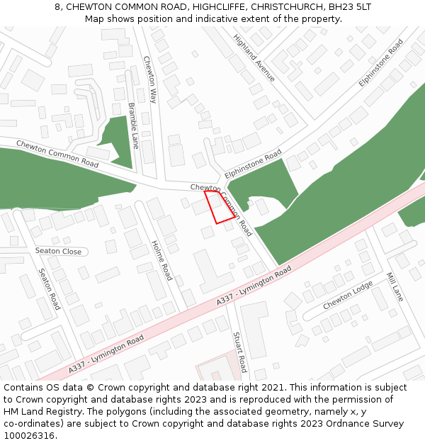 8, CHEWTON COMMON ROAD, HIGHCLIFFE, CHRISTCHURCH, BH23 5LT: Location map and indicative extent of plot